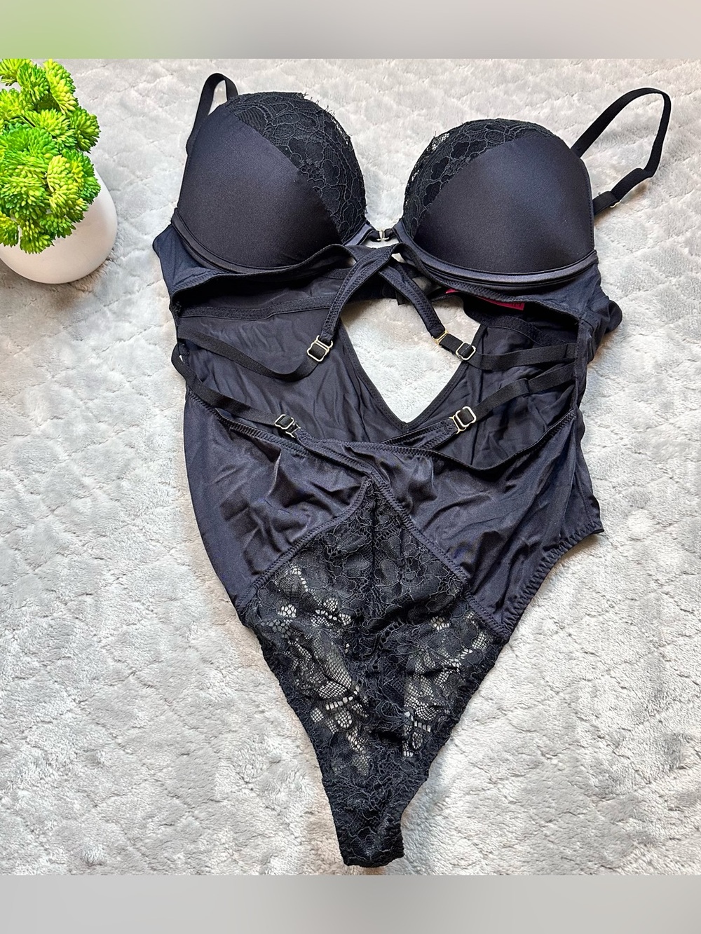 🖤La SENZA Black Lace-Accent Push-Up Bodysuit Lingerie One Piece